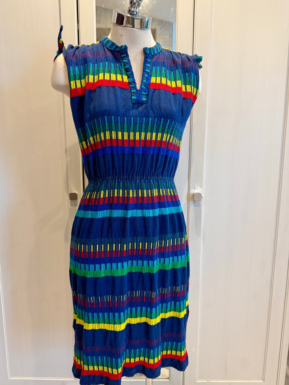 Blue Multicolor Striped Elastic-Waist Dress